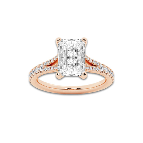 3.33 ctw Radiant Lab-Grown Diamond Split Shank Side Stone Engagement Ring in 14K Rose Gold for Women | Colorless E, VS1 Clarity, IGI Certified 3.00 ct Center Diamond