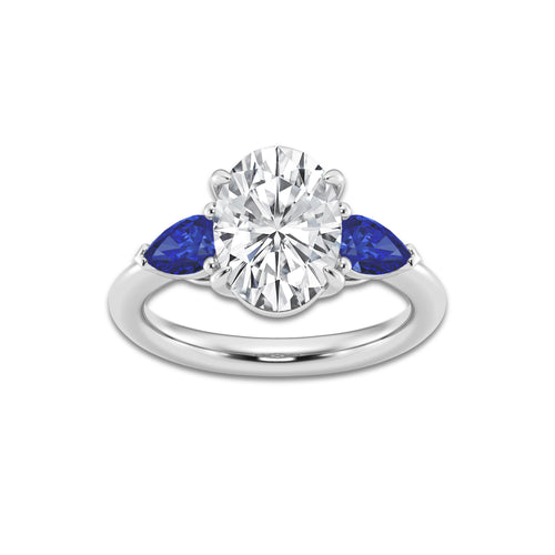 3 ctw Oval Lab Grown Diamond and 6.0x3.8 mm Pear Shape Created Sapphire Side Stone Engagement Ring Platinum, E, VS1 | 3 ct Center
