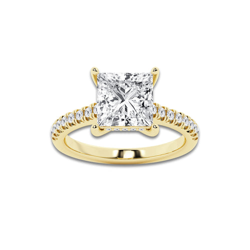3.30 ctw Princess Lab-Grown Diamond Hidden Halo Side Stone Engagement Ring in 18K Yellow Gold for Women | Colorless D, VVS1 Clarity, IGI Certified 3.00 ct Center Diamond