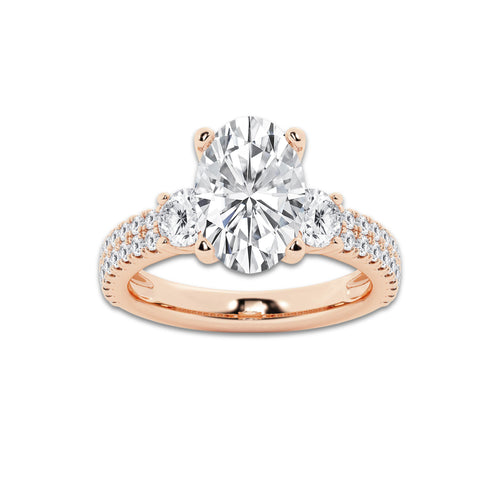 4.00 ctw Oval Lab-Grown Diamond Three Stone Double Row Engagement Ring in 14K Rose Gold for Women | D Color, VVS1 Clarity, IGI Certified 3.00 ct Center Diamond