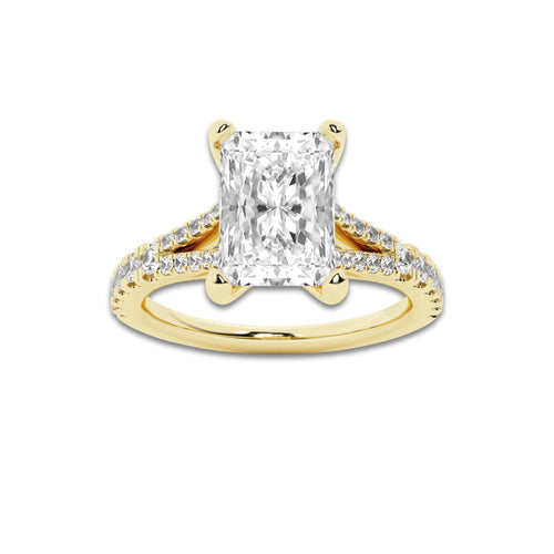 2.33 ctw Radiant Lab-Grown Diamond Split Shank Side Stone Engagement Ring in 14K Yellow Gold for Women | Colorless D, VVS1 Clarity, IGI Certified 2.00 ct Center Diamond