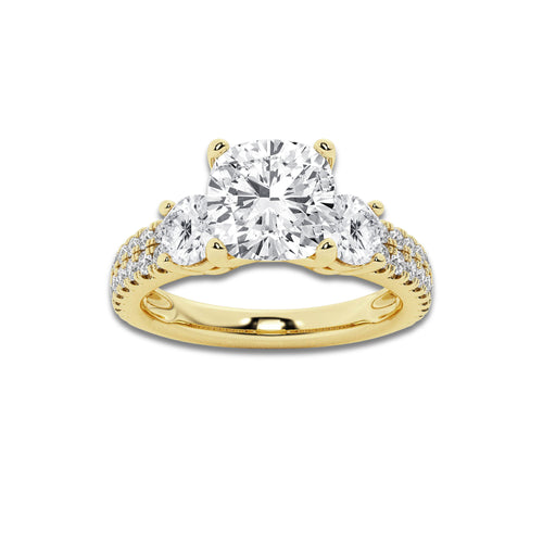 1.50 ctw Cushion Lab-Grown Diamond Three Stone Double Row Engagement Ring in 14K Yellow Gold for Women | E Color, VS1 Clarity, IGI Certified 0.75 ct Center Diamond