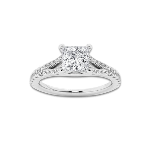 1.08 ctw Princess Lab-Grown Diamond Split Shank Side Stone Engagement Ring in 14K White Gold for Women | Colorless E, VS1 Clarity, IGI Certified 0.75 ct Center Diamond
