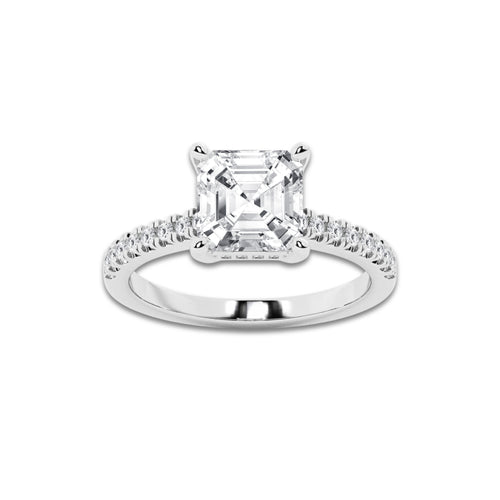 2.75 ctw Asscher Lab-Grown Diamond Hidden Halo Side Stone Engagement Ring in 18K White Gold for Women | Colorless D, VVS1 Clarity, IGI Certified 2.50 ct Center Diamond