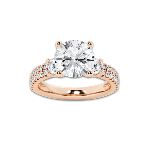 4.46 ctw Round Lab-Grown Diamond Three Stone Double Row Engagement Ring in 14K Rose Gold for Women | E Color, VS1 Clarity, IGI Certified 3.50 ct Center Diamond