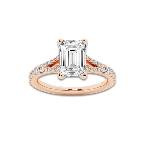 6.66 ctw Emerald Lab-Grown Diamond Split Shank Side Stone Engagement Ring in 14K Rose Gold for Women | Colorless E, VS1 Clarity, IGI Certified 6.00 ct Center Diamond