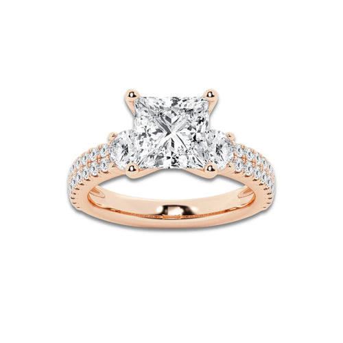 4.00 ctw Princess Lab-Grown Diamond Three Stone Double Row Engagement Ring in 14K Rose Gold for Women | E Color, VS1 Clarity, IGI Certified 3.00 ct Center Diamond