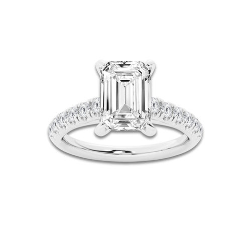 2.41 ctw Emerald Lab-Grown Diamond Pave Engagement Ring in 14K White Gold for Women | D Color, VVS1 Clarity, IGI Certified 2.00 ct Center Diamond
