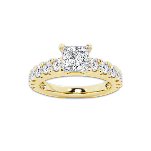 2.00 ctw Princess Lab-Grown Diamond Split-Prong Set Side Stone Engagement Ring in 14K Yellow Gold for Women | Colorless E, VS1 Clarity, IGI Certified 1.00 ct Center Diamond