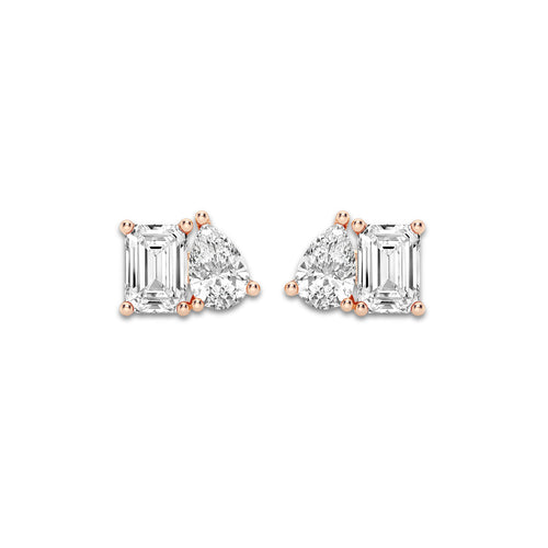 2 ctw Toi Et Moi Emerald and Pear Stud Earrings 14K Rose Gold, E, VS1