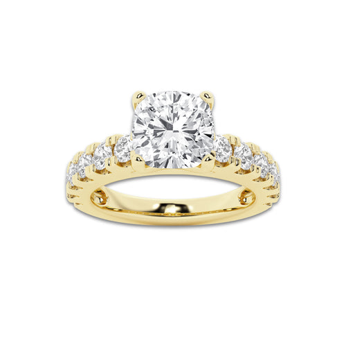 3.00 ctw Cushion Lab-Grown Diamond Split-Prong Set Side Stone Engagement Ring in 14K Yellow Gold for Women | Colorless D, VVS1 Clarity, IGI Certified 2.00 ct Center Diamond
