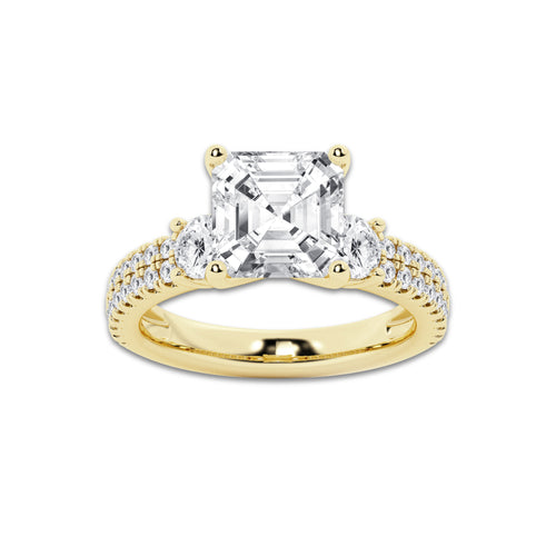 4.46 ctw Asscher Lab-Grown Diamond Three Stone Double Row Engagement Ring in 14K Yellow Gold for Women | E Color, VS1 Clarity, IGI Certified 3.50 ct Center Diamond