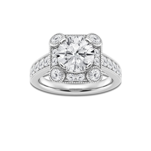 3 ctw Round Lab Grown Diamond Old Mine Cut Halo Engagement Ring in Milgrain Setting Platinum, EF, VS2 | 2 ct Center