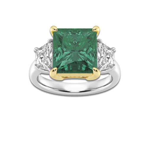 Moonflower 8 1/5 ctw Princess Cut Emerald & Half Moon Lab Grown Diamond Engagement Ring 14K Two-Tone White & Yellow Gold | 7 ct Center
