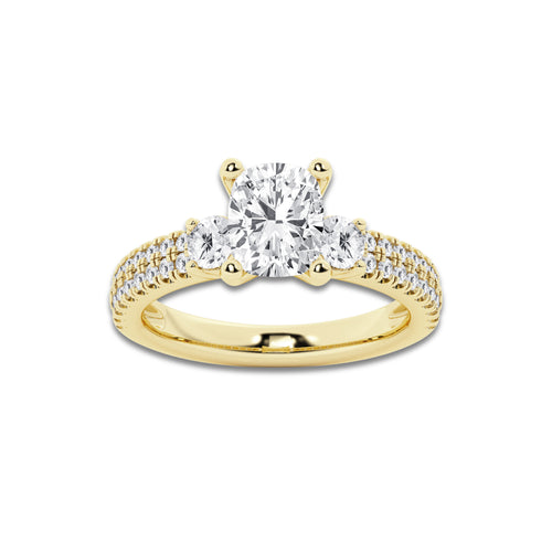 2.21 ctw Elongated Cushion Lab-Grown Diamond Three Stone Double Row Engagement Ring in 14K Yellow Gold for Women | E Color, VS1 Clarity, IGI Certified 1.50 ct Center Diamond