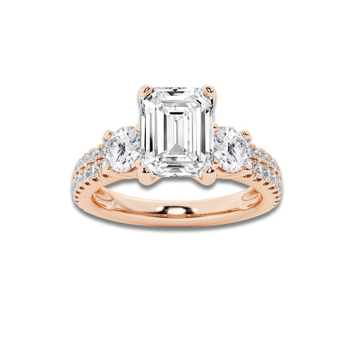 1.75 ctw Emerald Lab-Grown Diamond Three Stone Double Row Engagement Ring in 14K Rose Gold for Women | D Color, VVS1 Clarity, IGI Certified 1.00 ct Center Diamond