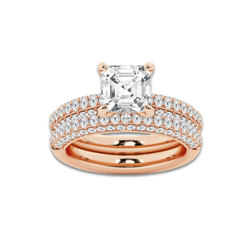 3 1/8 ctw Asscher Lab Grown Diamond Micro Pave Bridal Set 14K Rose Gold, E, VS1 | 2 ct Center