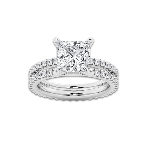 3.89 ctw Princess Lab-Grown Diamond Double Row Diamond Engagement Ring in Platinum for Women | Colorless E, VS1 Clarity, IGI Certified 3.00 ct Center Diamond