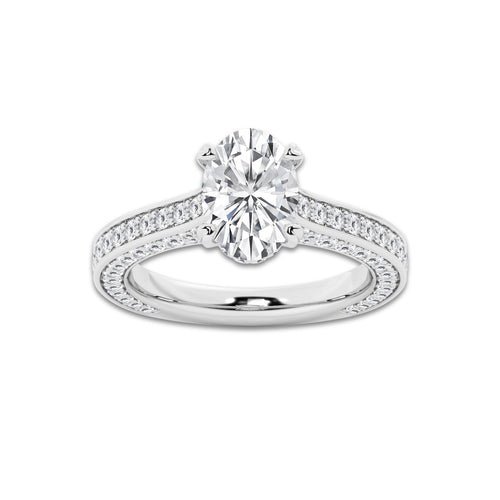 3 ctw Oval Lab Grown Diamond Pave Profile Side Stone Engagement Ring Platinum, D, VVS | 2 ct Center