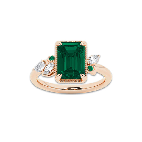 Jordan 3 3/4 ctw Emerald Cut Created Emerald and Marquise Lab Grown Diamond Milgrain Framed Ring 14K Rose Gold | 3 1/2 ct Center
