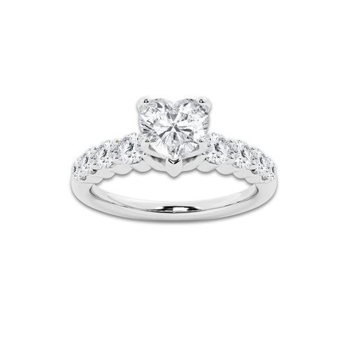 1.29 Ct Heart Lab-Grown Diamond Half Eternity Engagement Ring in Platinum for Female, Colorless (E), VS1 Clarity | IGI Certified, 0.75 Ct Center Diamond