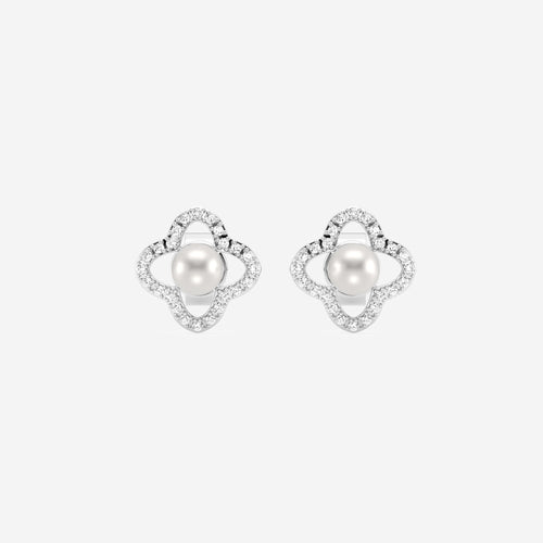 3.5 - 4.0 mm Cultured Freshwater Pearl and 1/5 ctw Lab Grown Diamond Clover Drop Earrings 14K White Gold
