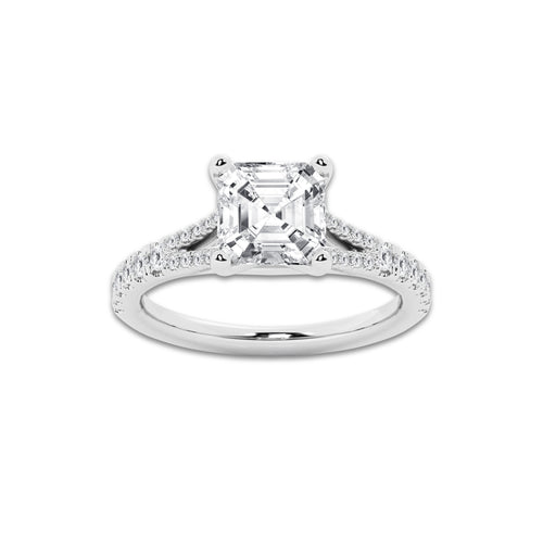 3.33 ctw Asscher Lab-Grown Diamond Split Shank Side Stone Engagement Ring in Platinum for Women | Colorless E, VS1 Clarity, IGI Certified 3.00 ct Center Diamond