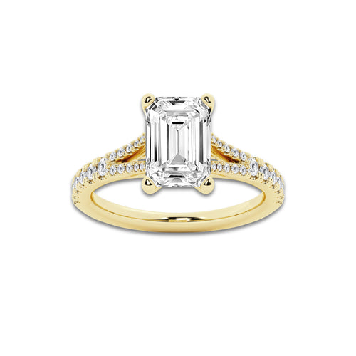 7.66 ctw Emerald Lab-Grown Diamond Split Shank Side Stone Engagement Ring in 14K Yellow Gold for Women | Colorless D, VVS1 Clarity, IGI Certified 7.00 ct Center Diamond