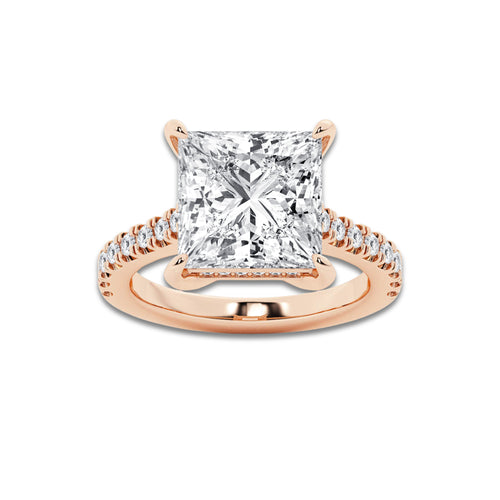 4.35 ctw Princess Lab-Grown Diamond Hidden Halo Side Stone Engagement Ring in 18K Rose Gold for Women | Colorless E, VS1 Clarity, IGI Certified 4.00 ct Center Diamond