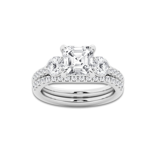 3 1/8 ctw Asscher Lab Grown Diamond Three-Stone Bridal Set Platinum, E, VS1 | 2 ct Center