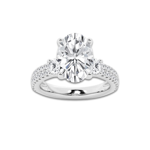 4.96 ctw Oval Lab-Grown Diamond Three Stone Double Row Engagement Ring in 14K White Gold for Women | D Color, VVS1 Clarity, IGI Certified 4.00 ct Center Diamond