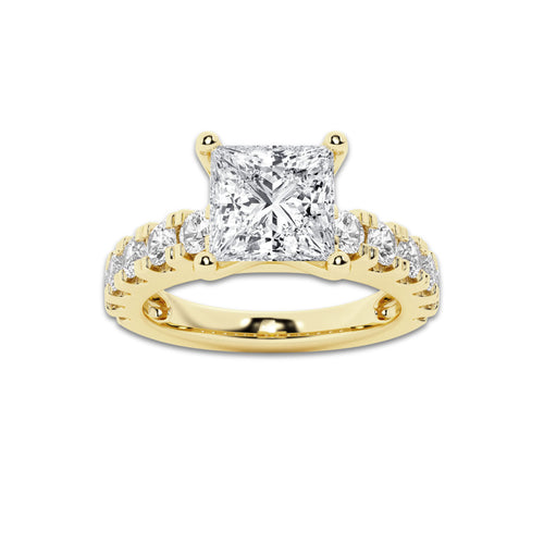 3.00 ctw Princess Lab-Grown Diamond Split-Prong Set Side Stone Engagement Ring in 14K Yellow Gold for Women | Colorless D, VVS1 Clarity, IGI Certified 2.00 ct Center Diamond