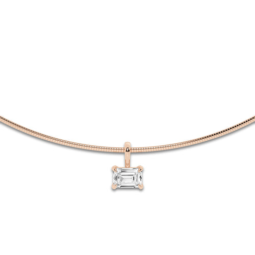1 1/2 ctw Emerald Lab Grown Diamond Solitaire Pendant with Omega Chain 14K Rose Gold, E, VS1 | 1 1/2 ct Center