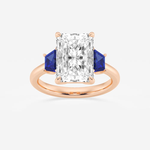 Camellia 5 ctw Radiant Lab Grown Diamond and 5.5x3.3x2.2 mm Trapezoid Created Sapphire Three-Stone Ring 14K Rose Gold, E, VS1 | IGI Certified, 5 ct Center