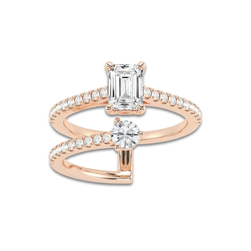 Poetica 1 1/4 ctw Toi Et Moi Emerald and Round Ring 14K Rose Gold, DE, VS1 | IGI Certified, 3/4 ct Center
