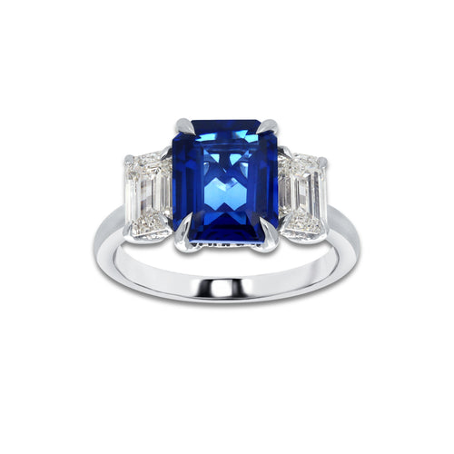 Freesia 10X8mm Emerald Cut Created Sapphire and 1 7/8 ctw Round Lab Grown Diamond Three-Stone Engagement Ring 14K White Gold