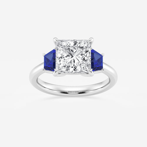 Camellia 3 ctw Princess Lab Grown Diamond and 5.5x3.3x2.2 mm Trapezoid Created Sapphire Three-Stone Ring 14K White Gold, E, VS1 | IGI Certified, 3 ct Center
