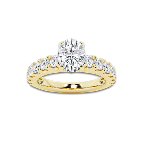 2.00 ctw Oval Lab-Grown Diamond Split-Prong Set Side Stone Engagement Ring in 14K Yellow Gold for Women | Colorless E, VS1 Clarity, IGI Certified 1.00 ct Center Diamond