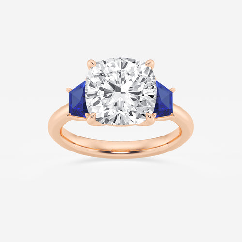 Camellia 5 ctw Cushion Lab Grown Diamond and 5.5x3.3x2.2 mm Trapezoid Created Sapphire Three-Stone Ring 14K Rose Gold, E, VS1 | IGI Certified, 5 ct Center