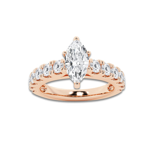 2.00 ctw Marquise Lab-Grown Diamond Split-Prong Set Side Stone Engagement Ring in 14K Rose Gold for Women | Colorless D, VVS1 Clarity, IGI Certified 1.00 ct Center Diamond