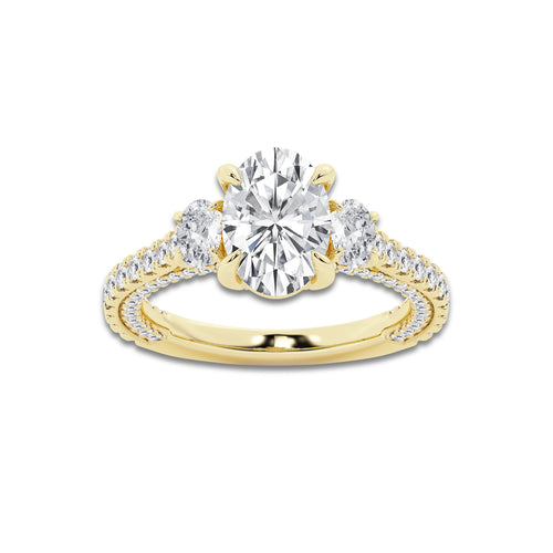 Hyacinth 3 1/10 ctw Oval Lab Grown Diamond Three Stone Engagement Ring with Side Diamonds 14K Yellow Gold, D, VVS | IGI Certified, 2 ct Center