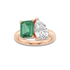 Sloane 9x7mm Created Emerald and 2 1/2 Pear Cut Lab Grown Diamond Two Stone Engagement Ring 14K Rose Gold