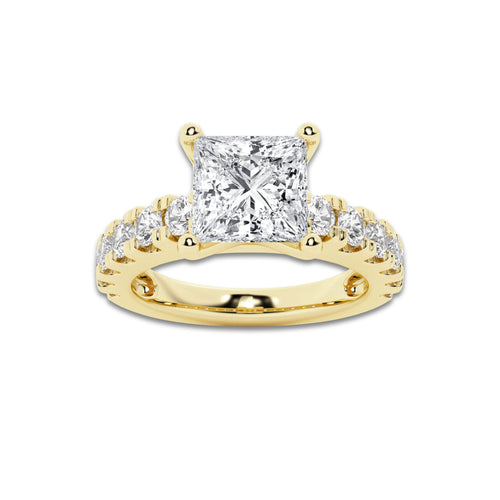 2.50 ctw Princess Lab-Grown Diamond Split-Prong Set Side Stone Engagement Ring in 14K Yellow Gold for Women | Colorless E, VS1 Clarity, IGI Certified 1.50 ct Center Diamond