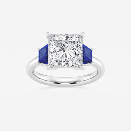 Camellia 4 ctw Princess Lab Grown Diamond and 5.5x3.3x2.2 mm Trapezoid Created Sapphire Three-Stone Ring Platinum, E, VS1 | IGI Certified, 4 ct Center