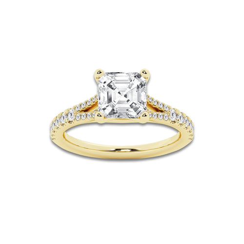 2.83 ctw Asscher Lab-Grown Diamond Split Shank Side Stone Engagement Ring in 14K Yellow Gold for Women | Colorless D, VVS1 Clarity, IGI Certified 2.50 ct Center Diamond