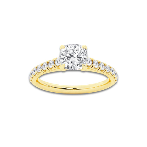 1.14 ctw Cushion Lab-Grown Diamond Pave Engagement Ring in 14K Yellow Gold for Women | E Color, VS1 Clarity, IGI Certified 0.75 ct Center Diamond