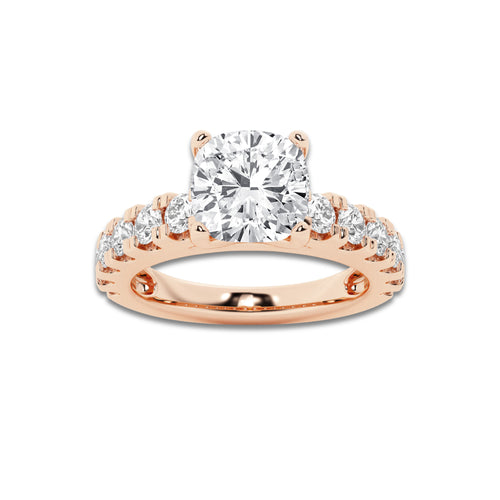 3.00 ctw Cushion Lab-Grown Diamond Split-Prong Set Side Stone Engagement Ring in 14K Rose Gold for Women | Colorless D, VVS1 Clarity, IGI Certified 2.00 ct Center Diamond