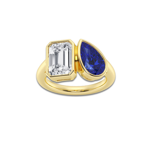 Renaissance 10x6 mm Pear Cut Created Sapphire and 2 1/2 ctw Emerald Lab Grown Diamond Bypass Two Stone Ring 18K Yellow Gold, D, VVS | IGI Certified, 2 1/2 ct Center
