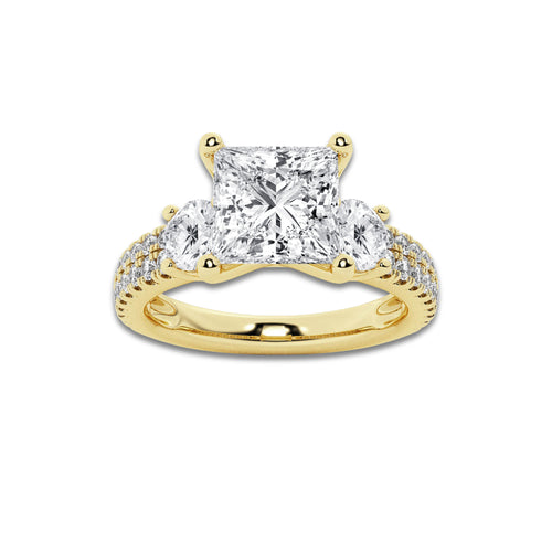 3.00 ctw Princess Lab-Grown Diamond Three Stone Double Row Engagement Ring in 14K Yellow Gold for Women | E Color, VS1 Clarity, IGI Certified 2.00 ct Center Diamond