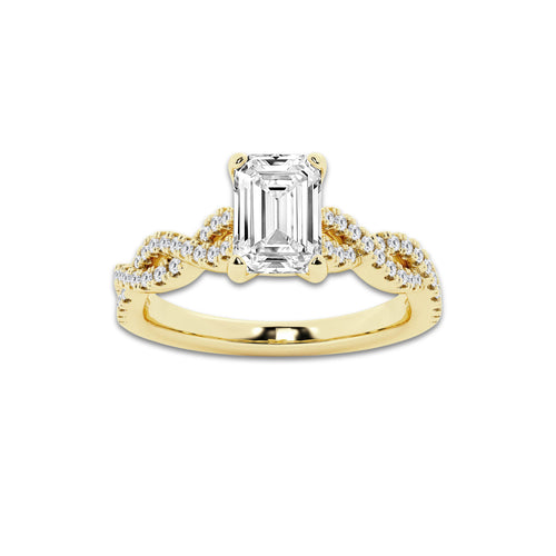 1.00 ctw Emerald Lab-Grown Diamond Twisted Shank Engagement Ring in 14K Yellow Gold for Women | E Color, VS1 Clarity, Not Certified 0.75 ct Center Diamond